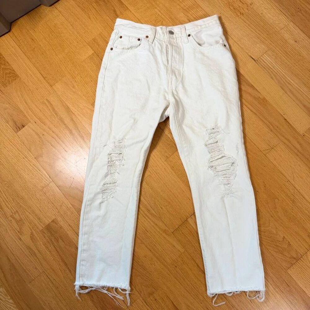 Levi’s 501 Original Distressed Straight Jeans White W29 L26 Raw Hem Button Fly